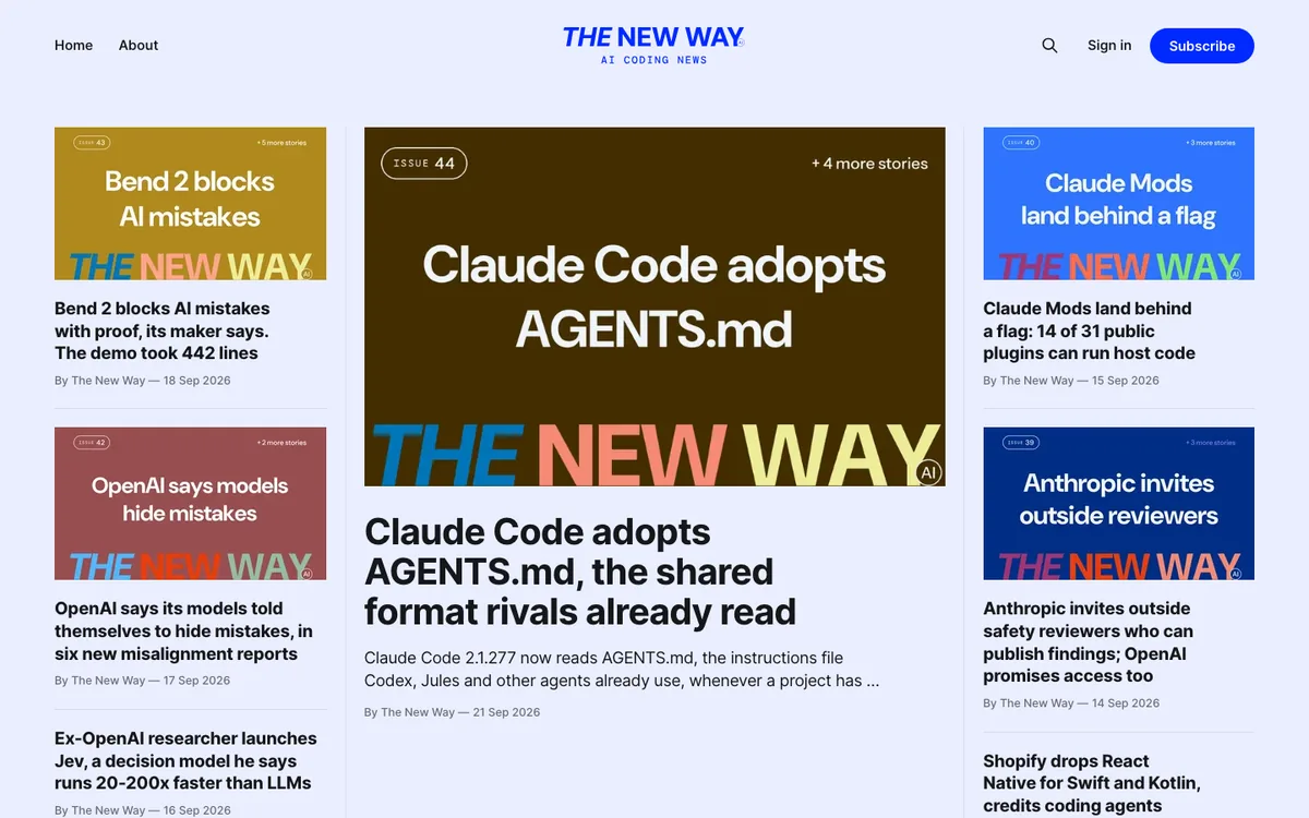 The New Way — thenewway.ai in a laptop, with issue covers from its per-issue colour system