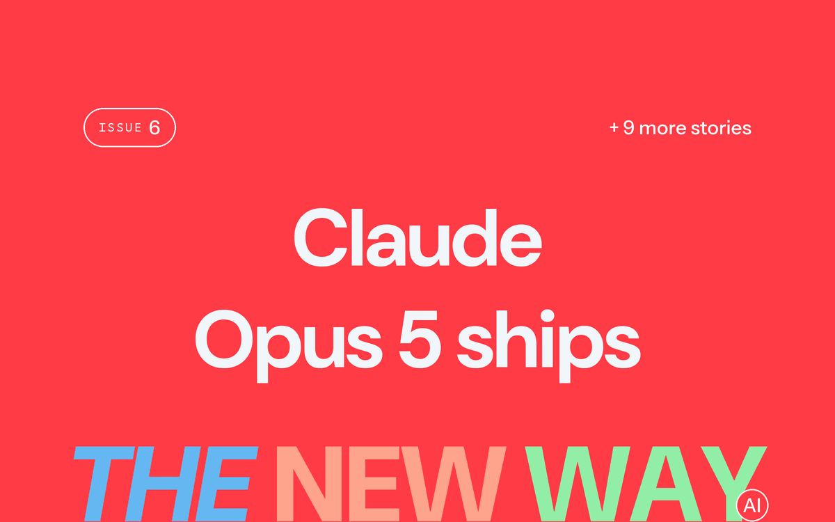 The New Way — thenewway.ai in a laptop, with issue covers from its per-issue colour system